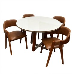 Mesa De Jantar Atlanta 100cm Redonda Com Vidro E 4 Cadeiras Perola Em Corino Madeira Minas Plac Cinamomo Off White Com Tecido Marrom 80596