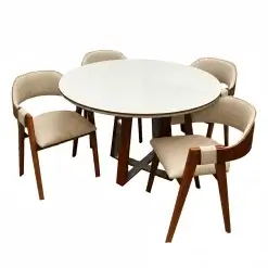 Mesa De Jantar Atlanta 100cm Redonda Com Vidro E 4 Cadeiras Perola Em Linho Madeira Minas Plac Cinamomo Off White Com Tecido Bege 29043