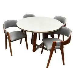 Mesa De Jantar Atlanta 100cm Redonda Com Vidro E 4 Cadeiras Perola Em Linho Madeira Minas Plac Cinamomo Off White Com Tecido Cinza 22534