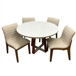 Mesa De Jantar Atlanta 100cm Redonda Com Vidro E 4 Cadeiras Sofia Em Linho Estofadas Minas Plac Cinamomo Off White Com Tecido Bege 91828