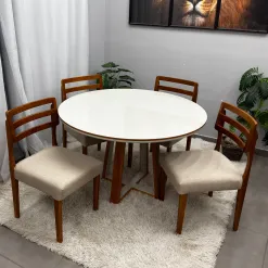 Mesa De Jantar Atlanta 100cm Redonda Com Vidro E 4 Cadeiras Turquia Em Linho Madeira Minas Plac 67772