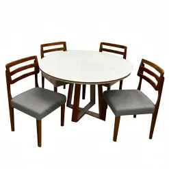 Mesa De Jantar Atlanta 100cm Redonda Com Vidro E 4 Cadeiras Turquia Em Linho Madeira Minas Plac Cinamomo Off White Com Tecido Cinza 10539