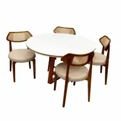 Mesa De Jantar Atlanta 120cm Redonda Com Vidro E 4 Cadeiras Athenas Em Linho Madeira Minas Plac Cinamomo Off White Com Tecido Bege 99604