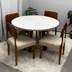 Mesa De Jantar Atlanta 120cm Redonda Com Vidro E 4 Cadeiras Barcelona Em Linho Madeira Minas Plac 57102