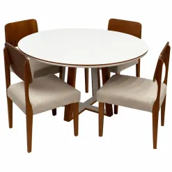 Mesa De Jantar Atlanta 120cm Redonda Com Vidro E 4 Cadeiras Barcelona Em Linho Madeira Minas Plac Cinamomo Off White Com Tecido Bege 62201