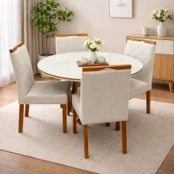 Mesa De Jantar Atlanta 120cm Redonda Com Vidro E 4 Cadeiras California Em Linho Estofadas Minas Plac 20614