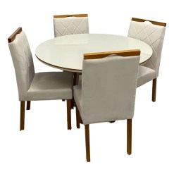 Mesa De Jantar Atlanta 120cm Redonda Com Vidro E 4 Cadeiras California Em Linho Estofadas Minas Plac Cinamomo Off White Com Tecido Bege 19817