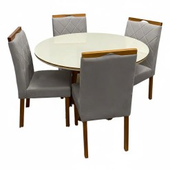 Mesa De Jantar Atlanta 120cm Redonda Com Vidro E 4 Cadeiras California Em Linho Estofadas Minas Plac Cinamomo Off White Com Tecido Cinza 44243