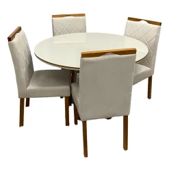 Mesa De Jantar Atlanta 120cm Redonda Com Vidro E 4 Cadeiras California Em Veludo Estofadas Minas Plac Cinamomo Off White Com Tecido Bege 36658