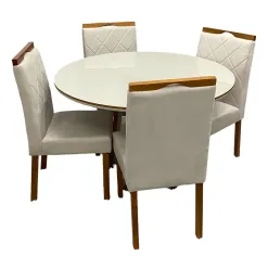 Mesa De Jantar Atlanta 120cm Redonda Com Vidro E 4 Cadeiras California Em Veludo Estofadas Minas Plac Cinamomo Off White Com Tecido Bege 36658