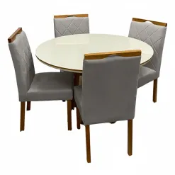 Mesa De Jantar Atlanta 120cm Redonda Com Vidro E 4 Cadeiras California Em Veludo Estofadas Minas Plac Cinamomo Off White Com Tecido Cinza 80963