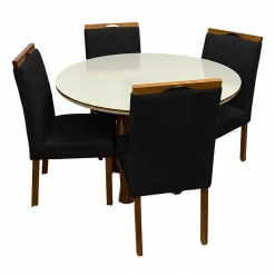 Mesa De Jantar Atlanta 120cm Redonda Com Vidro E 4 Cadeiras California Em Veludo Estofadas Minas Plac Cinamomo Off White Com Tecido Preto 33051