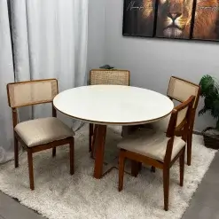 Mesa De Jantar Atlanta 120cm Redonda Com Vidro E 4 Cadeiras Canada Em Linho Madeira Minas Plac 86595