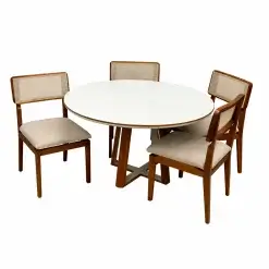 Mesa De Jantar Atlanta 120cm Redonda Com Vidro E 4 Cadeiras Canada Em Linho Madeira Minas Plac Cinamomo Off White Com Tecido Bege 88013