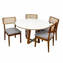 Mesa De Jantar Atlanta 120cm Redonda Com Vidro E 4 Cadeiras Canada Em Linho Madeira Minas Plac Cinamomo Off White Com Tecido Cinza 13893