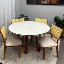 Mesa De Jantar Atlanta 120cm Redonda Com Vidro E 4 Cadeiras Diamante Em Linho Madeira Minas Plac 82933