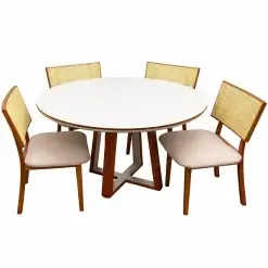 Mesa De Jantar Atlanta 120cm Redonda Com Vidro E 4 Cadeiras Diamante Em Linho Madeira Minas Plac Cinamomo Off White Com Tecido Bege 53140