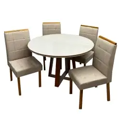 Mesa De Jantar Atlanta 120cm Redonda Com Vidro E 4 Cadeiras Giulia Em Linho Estofadas Minas Plac Cinamomo Off White Com Tecido Bege 92973