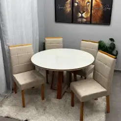 Mesa De Jantar Atlanta 120cm Redonda Com Vidro E 4 Cadeiras Giulia Em Veludo Estofadas Minas Plac 77727
