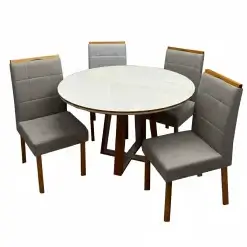 Mesa De Jantar Atlanta 120cm Redonda Com Vidro E 4 Cadeiras Giulia Em Veludo Estofadas Minas Plac Cinamomo Off White Com Tecido Cinza 57732