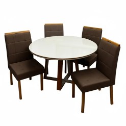 Mesa De Jantar Atlanta 120cm Redonda Com Vidro E 4 Cadeiras Giulia Em Veludo Estofadas Minas Plac Cinamomo Off White Com Tecido Marrom 75064