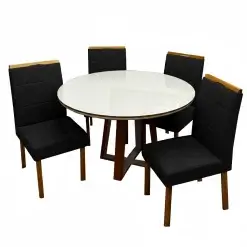 Mesa De Jantar Atlanta 120cm Redonda Com Vidro E 4 Cadeiras Giulia Em Veludo Estofadas Minas Plac Cinamomo Off White Com Tecido Preto 86564