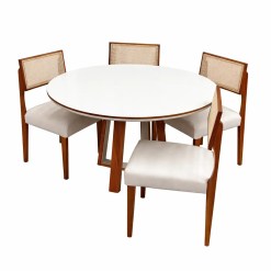 Mesa De Jantar Atlanta 120cm Redonda Com Vidro E 4 Cadeiras Grecia Em Linho Madeira Minas Plac Cinamomo Off White Com Tecido Bege 20714
