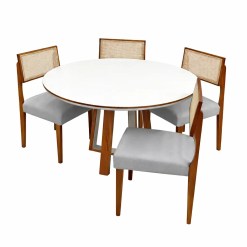 Mesa De Jantar Atlanta 120cm Redonda Com Vidro E 4 Cadeiras Grecia Em Linho Madeira Minas Plac Cinamomo Off White Com Tecido Cinza 96111