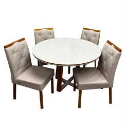 Mesa De Jantar Atlanta 120cm Redonda Com Vidro E 4 Cadeiras Jasmim Em Linho Estofadas Minas Plac Cinamomo Off White Com Tecido Bege 15392