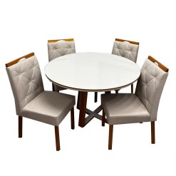 Mesa De Jantar Atlanta 120cm Redonda Com Vidro E 4 Cadeiras Jasmim Em Linho Estofadas Minas Plac Cinamomo Off White Com Tecido Bege 15392