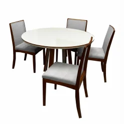 Mesa De Jantar Atlanta 120cm Redonda Com Vidro E 4 Cadeiras Lara Kappesberg Em Linho Madeira Minas Plac Cinamomo Off White Com Tecido Cinza 99943