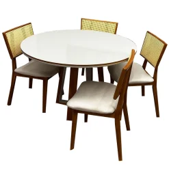 Mesa De Jantar Atlanta 120cm Redonda Com Vidro E 4 Cadeiras Livia Em Linho Madeira Minas Plac Cinamomo Off White Com Tecido Bege 49376