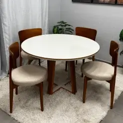 Mesa De Jantar Atlanta 120cm Redonda Com Vidro E 4 Cadeiras Maldivas Em Linho Madeira Minas Plac 96649
