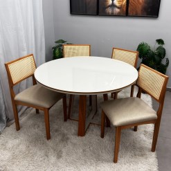 Mesa De Jantar Atlanta 120cm Redonda Com Vidro E 4 Cadeiras Monalisa Em Linho Madeira Minas Plac 10638