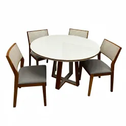 Mesa De Jantar Atlanta 120cm Redonda Com Vidro E 4 Cadeiras Oiti Em Linho Madeira Minas Plac Cinamomo Off White Com Tecido Cinza 37106