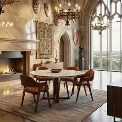 Mesa De Jantar Atlanta 120cm Redonda Com Vidro E 4 Cadeiras Perola Em Corino Madeira Minas Plac 53979