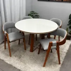 Mesa De Jantar Atlanta 120cm Redonda Com Vidro E 4 Cadeiras Perola Em Linho Madeira Minas Plac 41447