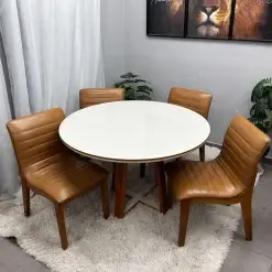 Mesa De Jantar Atlanta 120cm Redonda Com Vidro E 4 Cadeiras Sofia Em Corino Estofadas Minas Plac 41515