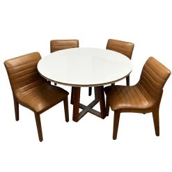 Mesa De Jantar Atlanta 120cm Redonda Com Vidro E 4 Cadeiras Sofia Em Corino Estofadas Minas Plac Cinamomo Off White Com Tecido Caramelo 48283