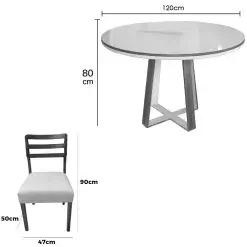 Mesa De Jantar Atlanta 120cm Redonda Com Vidro E 4 Cadeiras Turquia Em Linho Madeira Minas Plac 47006