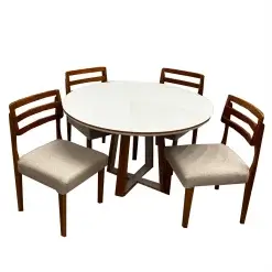 Mesa De Jantar Atlanta 120cm Redonda Com Vidro E 4 Cadeiras Turquia Em Linho Madeira Minas Plac Cinamomo Off White Com Tecido Bege 65603