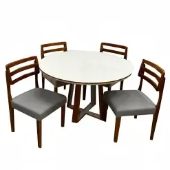 Mesa De Jantar Atlanta 120cm Redonda Com Vidro E 4 Cadeiras Turquia Em Linho Madeira Minas Plac Cinamomo Off White Com Tecido Cinza 75279