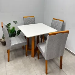 Mesa De Jantar Bali 90x90cm Com Vidro E 4 Cadeiras California Em Linho Estofadas Minas Plac 54009