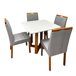 Mesa De Jantar Bali 90x90cm Com Vidro E 4 Cadeiras California Em Linho Estofadas Minas Plac Cinamomo Off White Com Tecido Cinza 79445