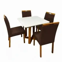 Mesa De Jantar Bali 90x90cm Com Vidro E 4 Cadeiras California Em Veludo Estofadas Minas Plac Cinamomo Off White Com Tecido Marrom 54103