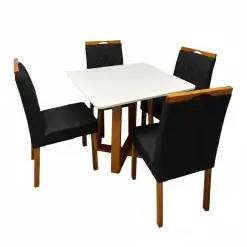 Mesa De Jantar Bali 90x90cm Com Vidro E 4 Cadeiras California Em Veludo Estofadas Minas Plac Cinamomo Off White Com Tecido Preto 97299