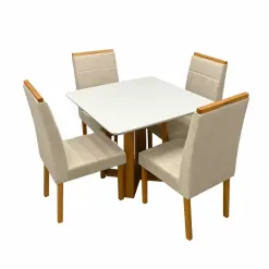 Mesa De Jantar Bali 90x90cm Com Vidro E 4 Cadeiras Giulia Em Linho Estofadas Minas Plac Cinamomo Off White Com Tecido Bege 58140