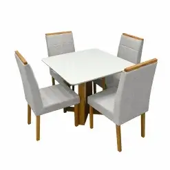 Mesa De Jantar Bali 90x90cm Com Vidro E 4 Cadeiras Giulia Em Veludo Estofadas Minas Plac Cinamomo Off White Com Tecido Cinza 90058