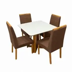 Mesa De Jantar Bali 90x90cm Com Vidro E 4 Cadeiras Giulia Em Veludo Estofadas Minas Plac Cinamomo Off White Com Tecido Marrom 29239