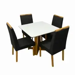 Mesa De Jantar Bali 90x90cm Com Vidro E 4 Cadeiras Giulia Em Veludo Estofadas Minas Plac Cinamomo Off White Com Tecido Preto 36440